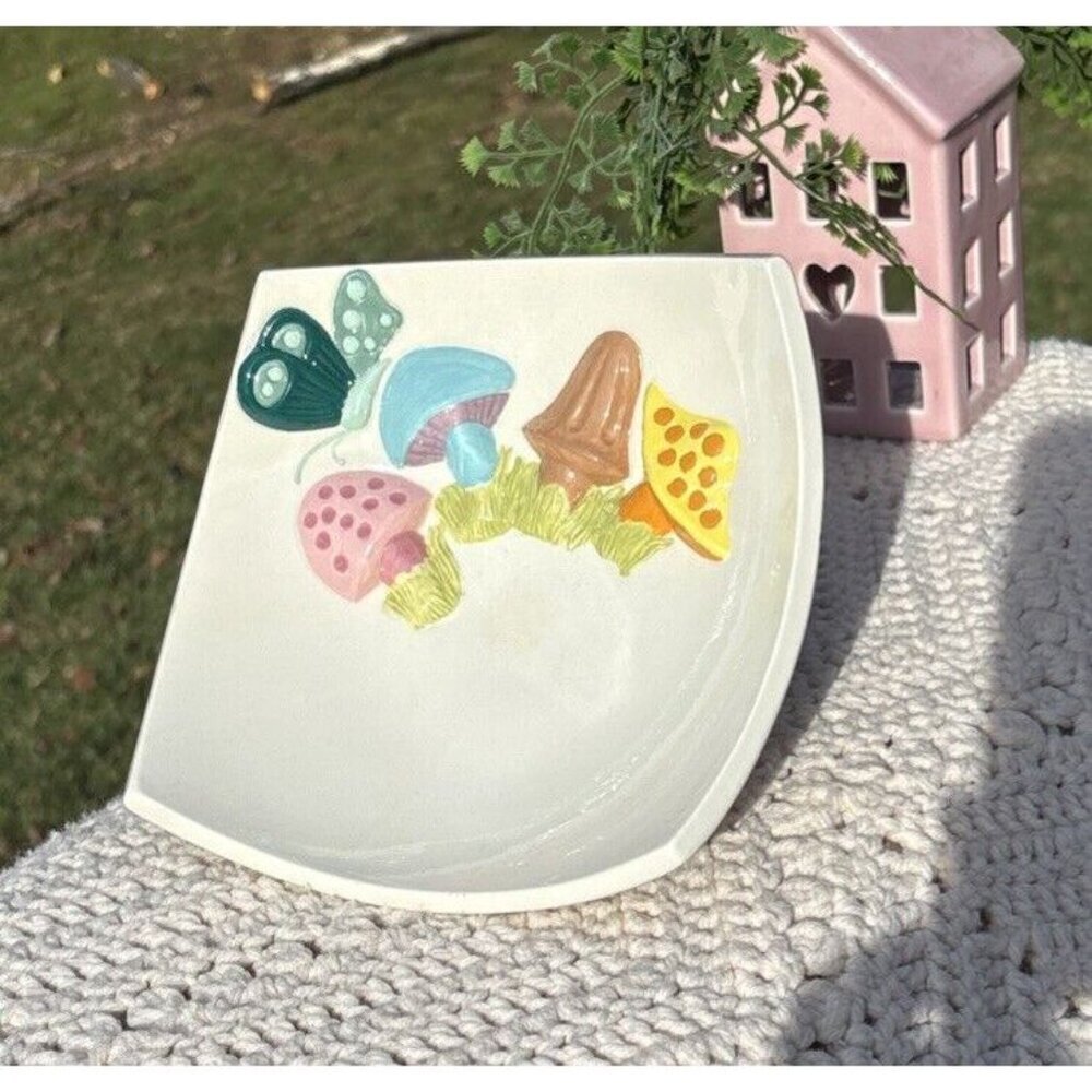 Vintage 1974 Ceramic Mushrooms and Butterfly Dish Cottagecore 1970s Trinket Tray